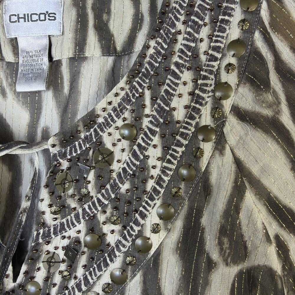 Chico's Animal Print Tunic Large silk brown gold bohemian beaded festival party - Picture 7 of 16